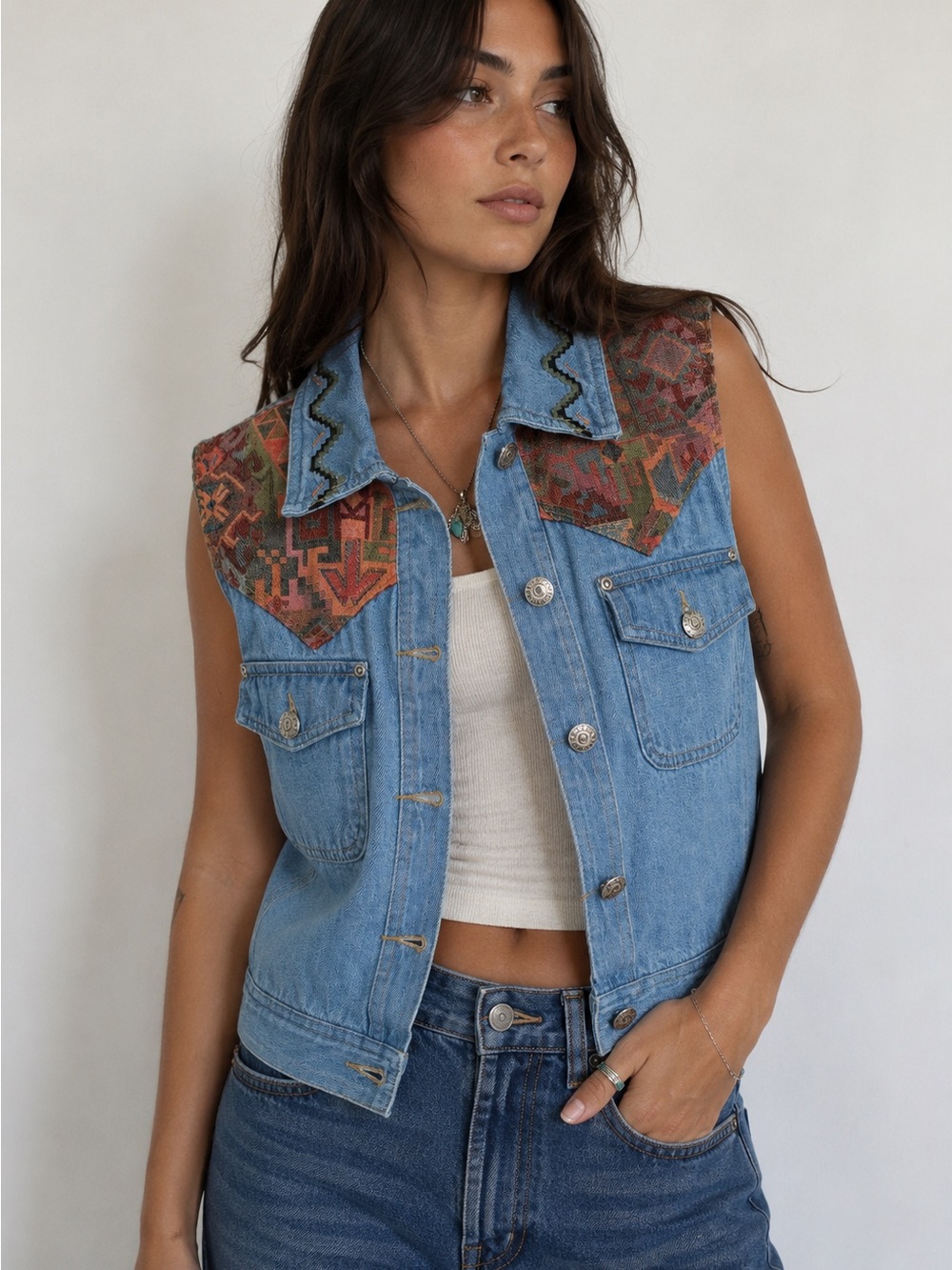 Vintage 90s Carole Little Sport Southwestern Tapestry Denim Vest